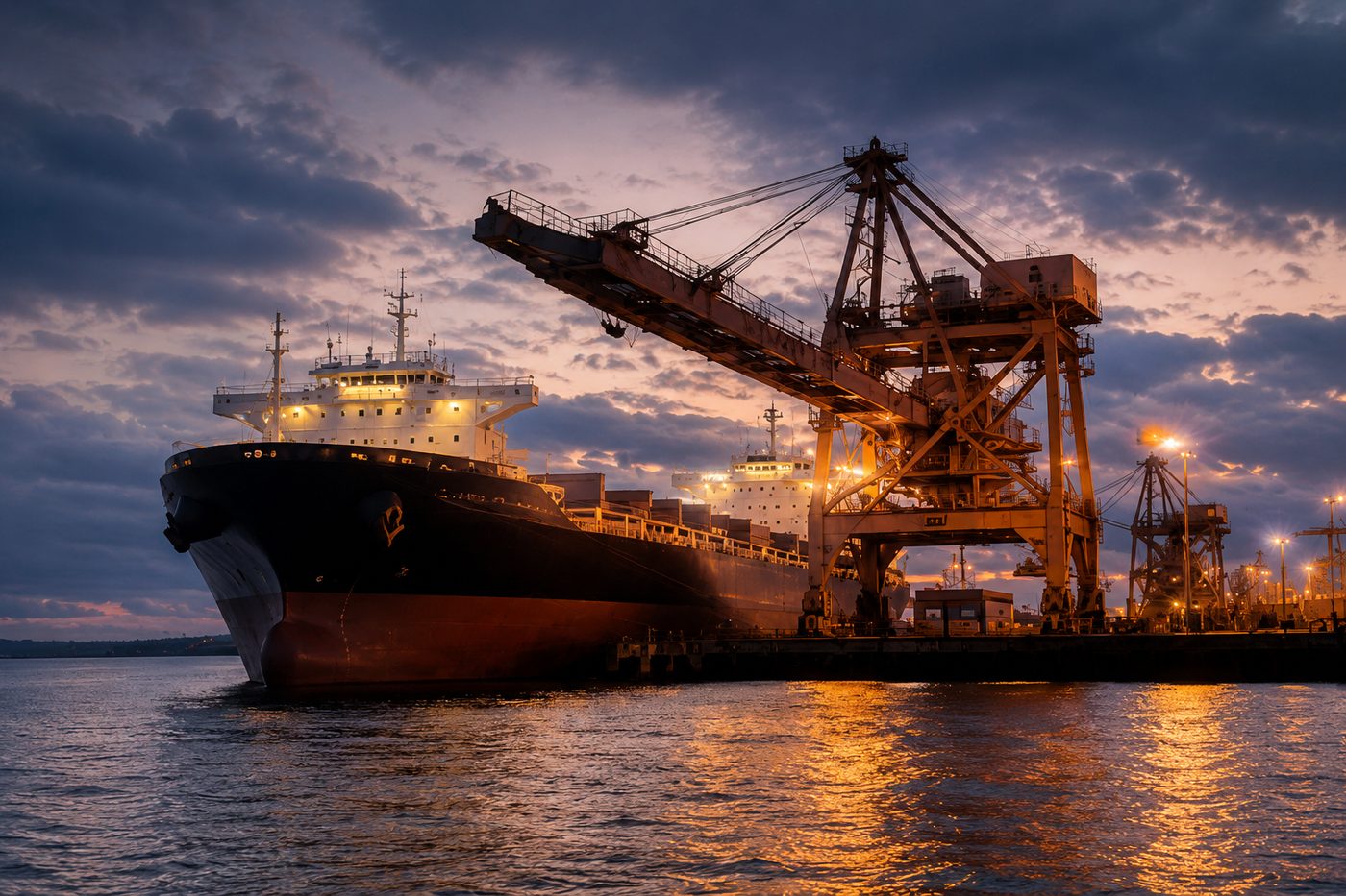 Bulk cargo ship loading commodities at port during sunset